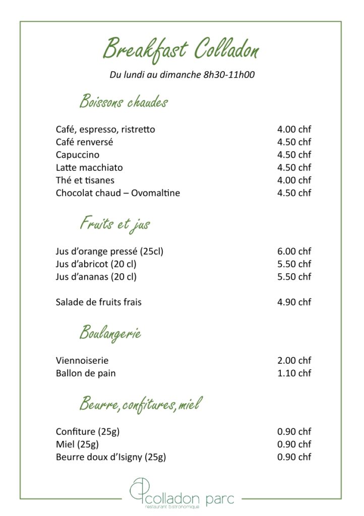 Carte petit déjeuner Genève